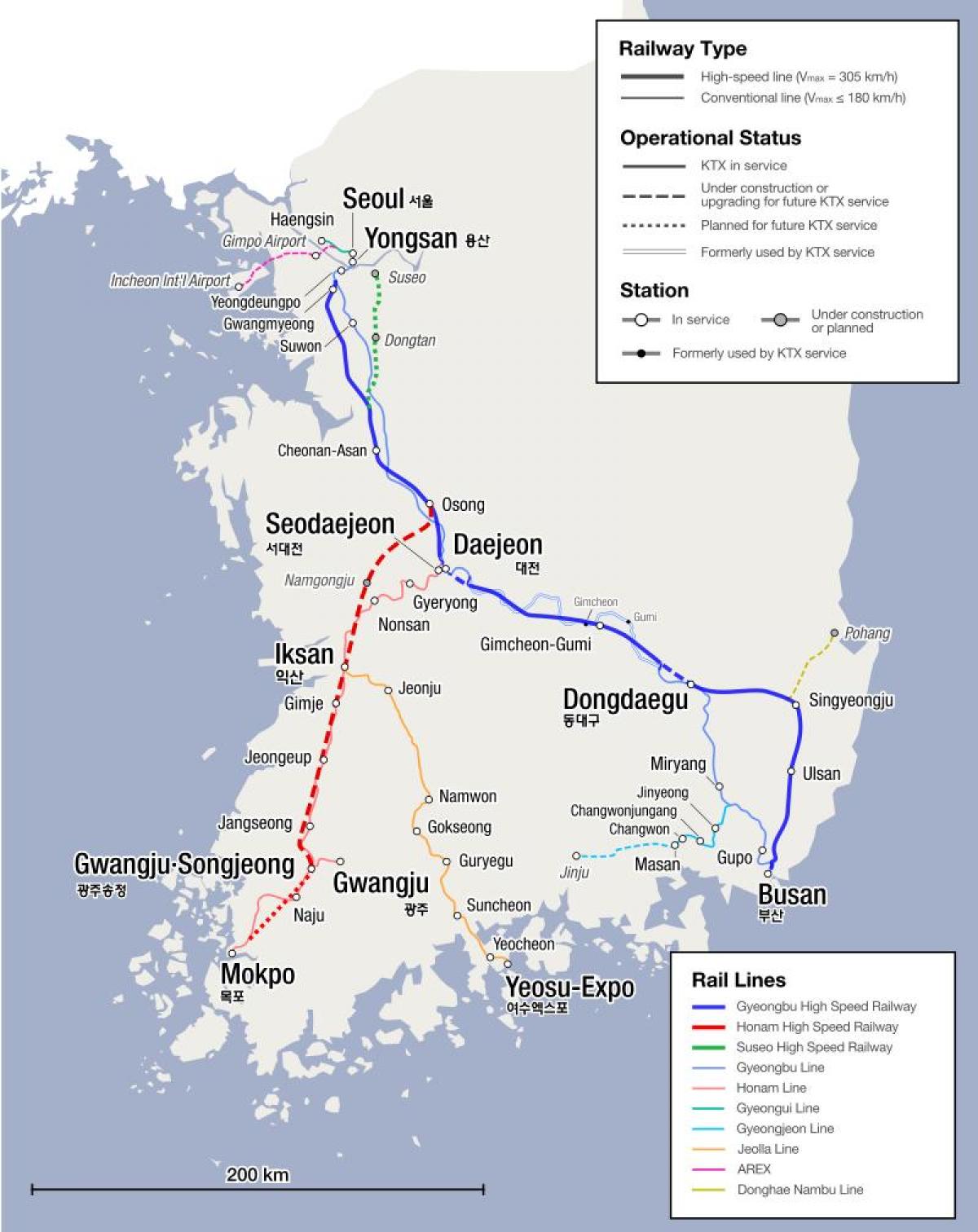 Kaart van de spoorlijnen in Zuid-Korea (ROK)