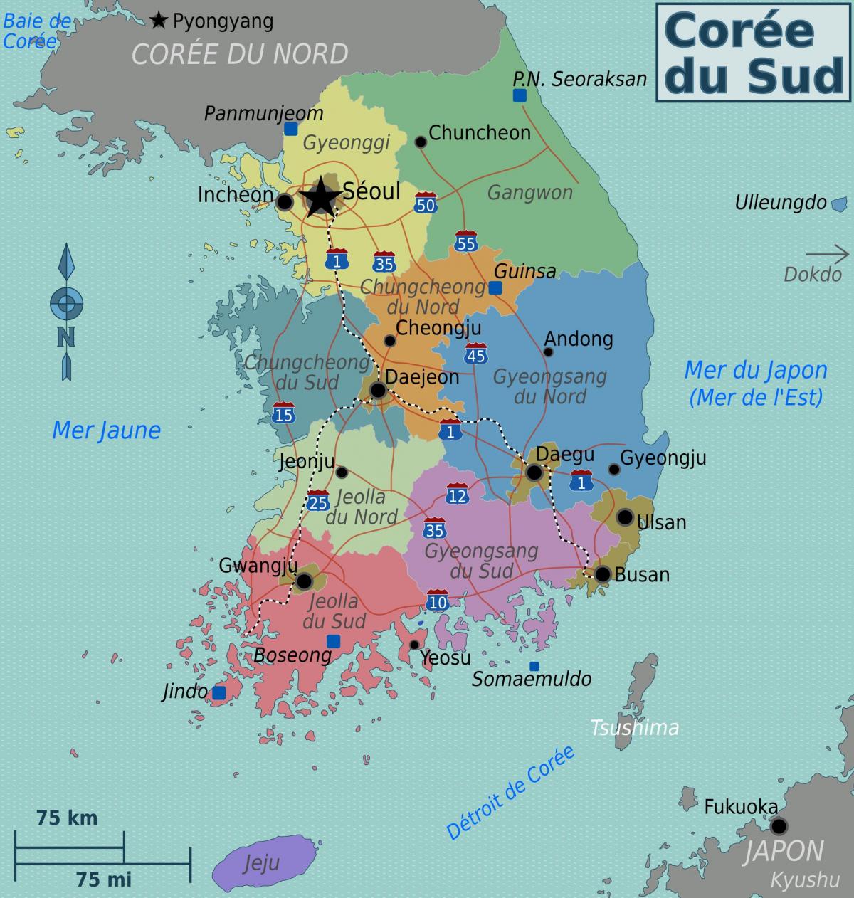 Kaart van de gebieden in Zuid-Korea (ROK)